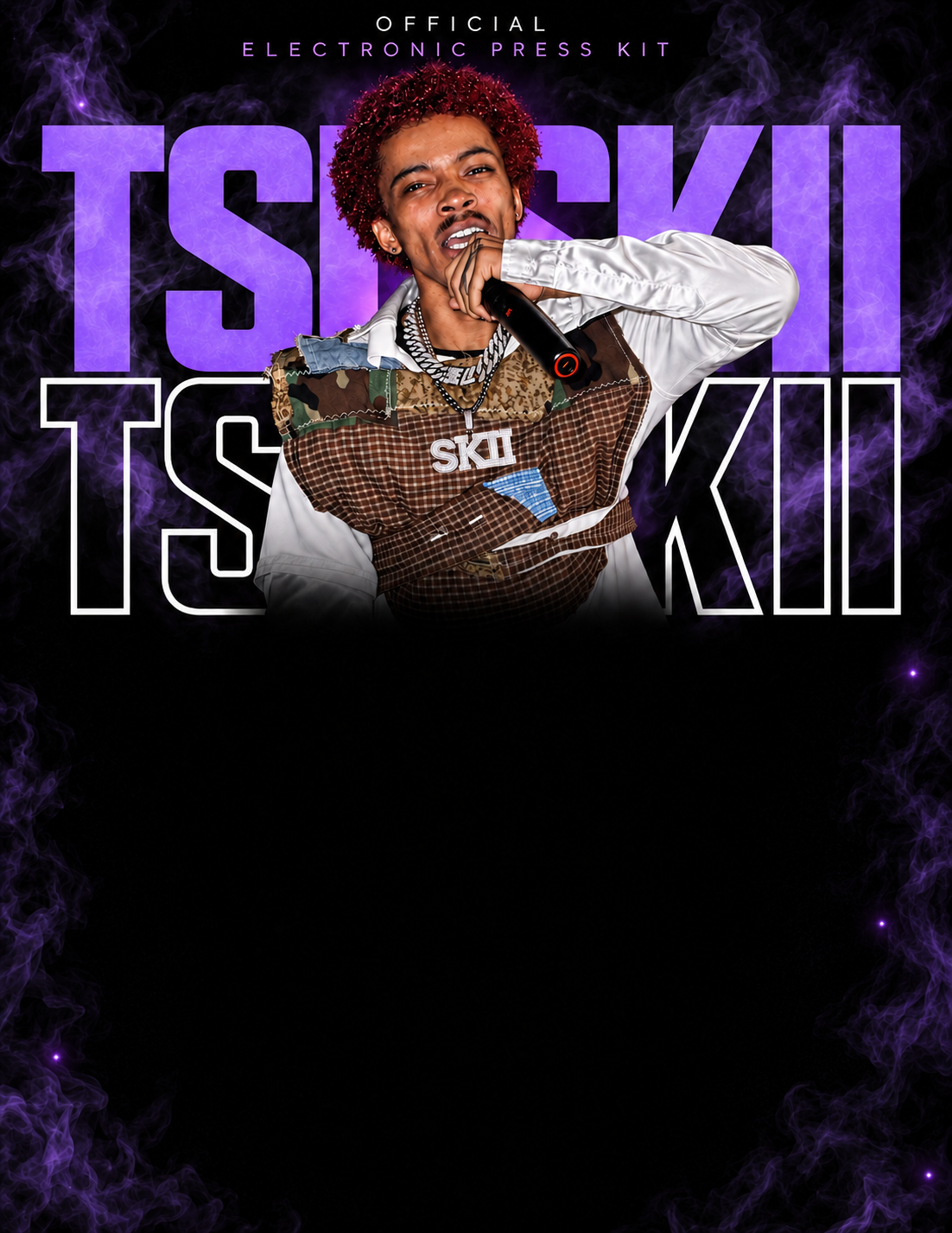 Tsuskii performing, framed by purple smoke and his name